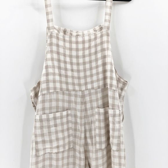 Lou & Grey Women's Cream Beige Gingham 100% Linen Overalls Size M - Picture 5 of 9